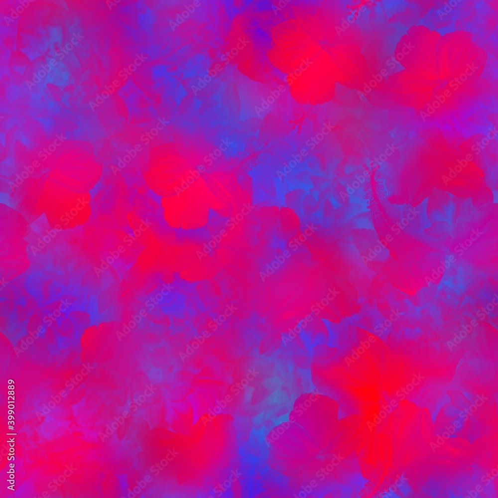 Fototapeta premium Seamless dynamic red and blue leaf pattern. High quality illustration. Hyper bright vivid and vibrant natural foliage design. Intense colors and energetic ultra-violet feel.