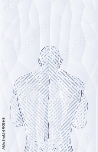 Faith, worship. Back of a man with an abstract pattern bowing his head, vector