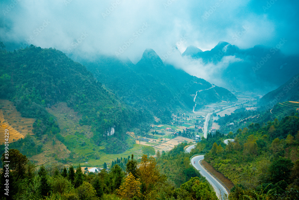 Beautiful  view of the sunny valley in Ha Giang Province, North Vietnam.