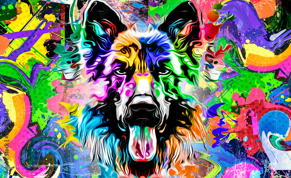  German Shepherd Dog's head illustration on background with colorful creative elements