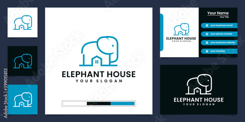 Elephant and house logo combination with line art style and business card design