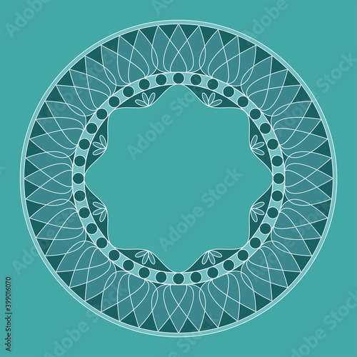 Frame mandala vector. A symmetrical round green ornament.