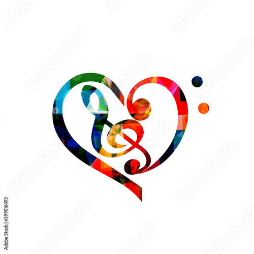 Colorful musical promotional poster with G-clef and heart isolated vector illustration. Artistic background with G-clef for live concert events, music festivals and shows, party flyer template