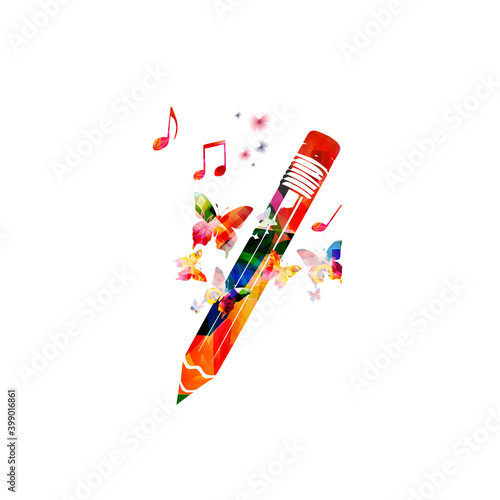 Colorful pencil with musical notes isolated. Creative writing, composing music, education concept vector illustration 