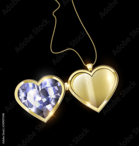 black background and jewel pendant medallion heart with golden chain