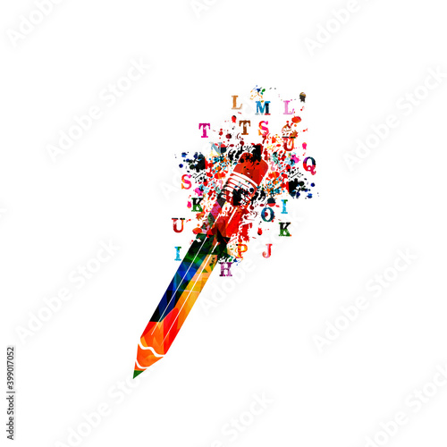 Colorful pencil with alphabet letters isolated for creative writing, idea and inspiration, education and learning concept. Blogging and copywriting vector illustration
