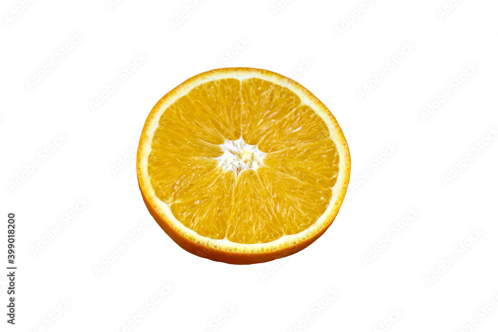 Sliced fresh orange isolated on white background. An orange that has been cut to show the inside of the orange. Sliced fresh orange isolated on white background. An orange that has been cut to show the inside of the orange.