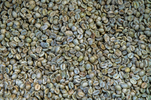 Abstract raw coffee bean background. Selective focus. Coffee Roasting Cafe Theme.