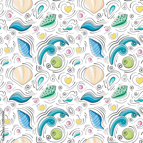 Seashells vector seamless pattern in cartoon style. Sea waves  beige and green seashells  yellow hearts  pink spheres  sea drops and black doodle lines