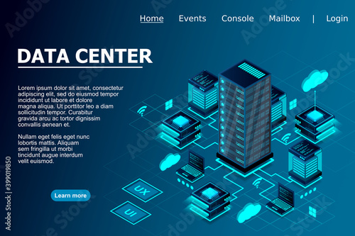 Illustration of servers connected with main server and laptop on blue background isometric design for Data center concept, data center connection, concept of cloud storage, data transfer.