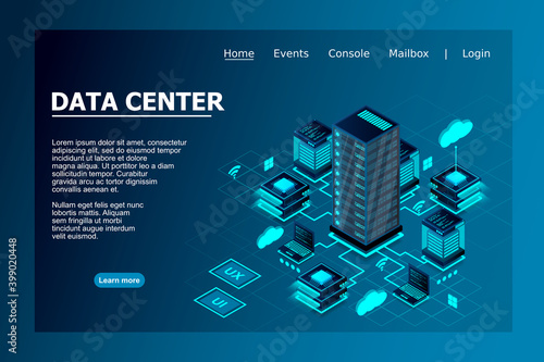 Illustration of servers connected with main server and laptop on blue background isometric design for Data center concept, data center connection, concept of cloud storage, data transfer.