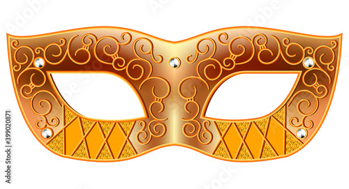 Vector gold ornate Venetian carnival mask with diamonds. Mardi Gras