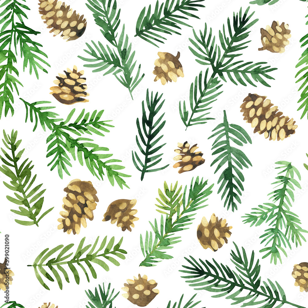 Fototapeta premium Pattern Christmas ornaments from the branches painted with watercolors on white background. Branches of trees. Holly sprigs with red berries.