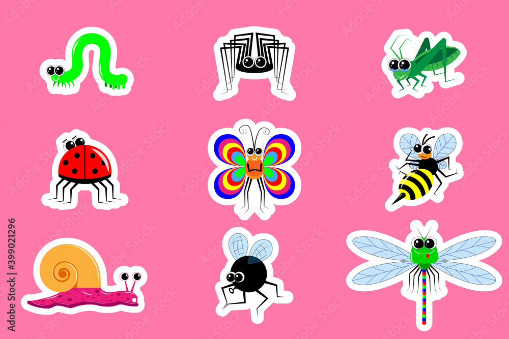 Fototapeta premium Stickers funny cartoon insects. A set of 9 images with white outline. Vector