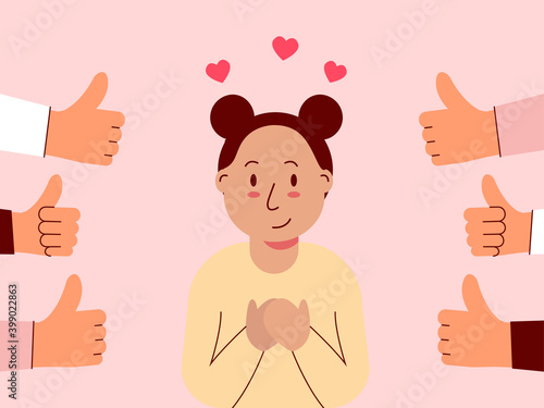 Girl held both hands on her chest and felt good to be appreciated. Illustration about appreciated.