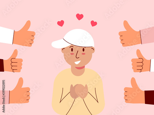 Boy held both hands on her chest and felt good to be appreciated. Illustration about appreciated.