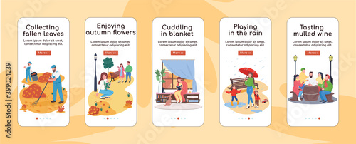 City autumn onboarding mobile app screen flat vector template. Taste mulled wine. Play in rain. Walkthrough website steps with characters. UX, UI, GUI smartphone cartoon interface, case prints set
