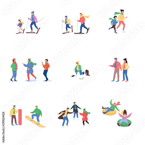 Winter fun activity flat color vector faceless character set. Family skiing together. Ice skating. Holiday season isolated cartoon illustration for web graphic design and animation collection