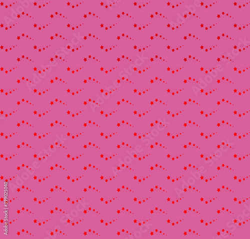 Red fading stars on a shade of light pink. The fading arrangement of the stars is wave and horizontal, the arrangement of repeating prints is checkerboard.
