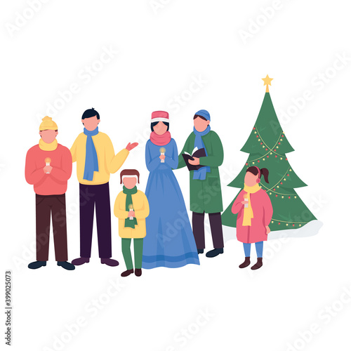Christmas carollers flat color vector faceless characters. Xmas tree. Man, woman, children with candles. Christian holiday singing isolated cartoon illustration for web graphic design and animation