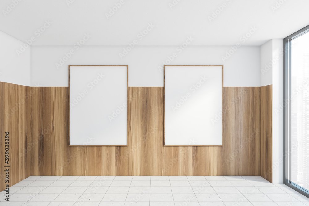 Two mockup frames in empty living room with window, white tiled floor Two mockup frames in empty living room with window, white tiled floor