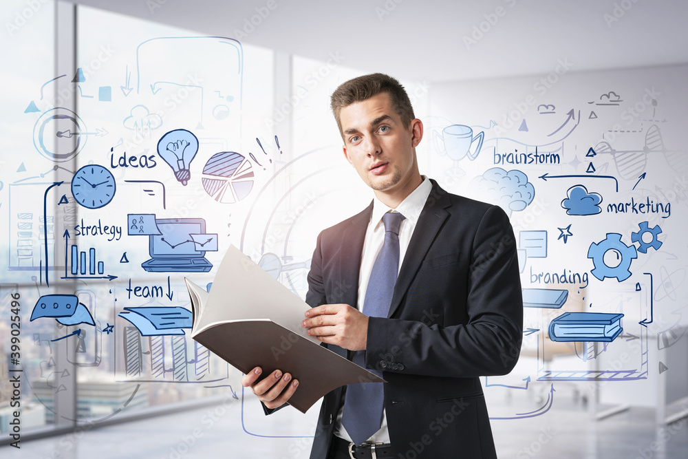 Man in office and business sketch Man in office and business sketch