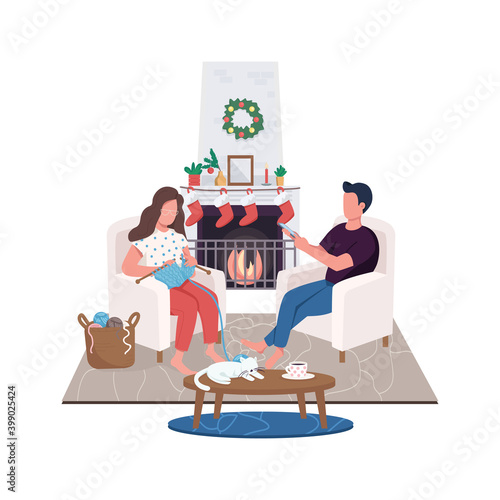 Couple at home fireplace flat color vector faceless characters. Boyfriend, girlfriend sit in armchairs. Christmas holiday season isolated cartoon illustration for web graphic design and animation