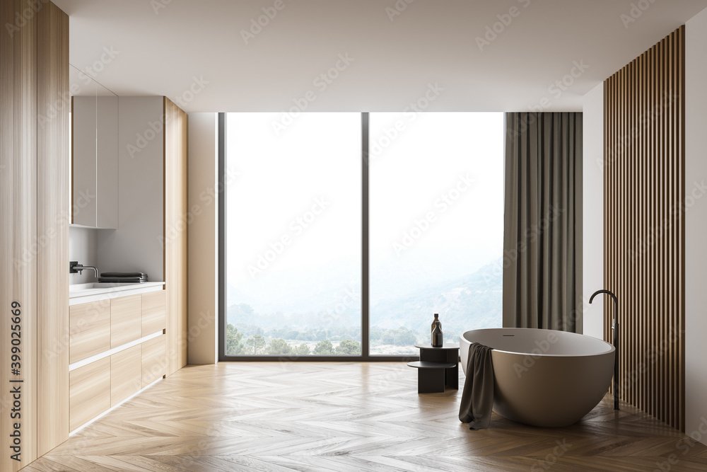 Fototapeta premium Wooden bathroom interior with tub and sink, side view