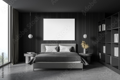 Dark wooden master bedroom with poster