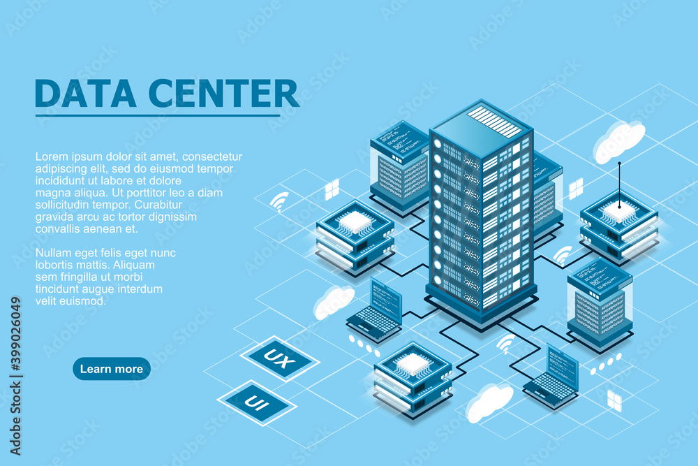 Illustration of servers connected with main server and laptop on blue background isometric design for Data center concept, data center connection, concept of cloud storage, data transfer. Illustration of servers connected with main server and laptop on blue background isometric design for Data center concept, data center connection, concept of cloud storage, data transfer.