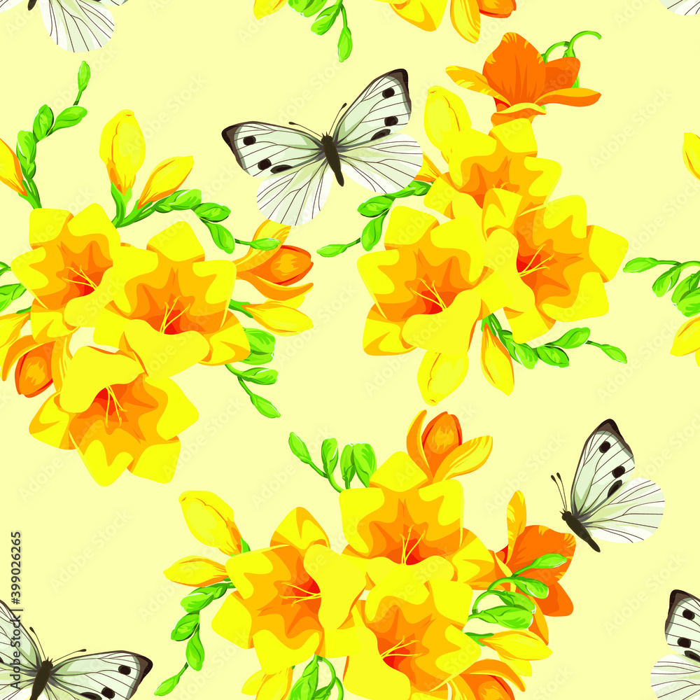 Freesia flowers pattern. Seamless spring pattern. Vector flowers. White flowers. Template for printing on fabric. Summer pattern