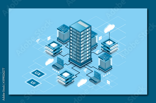 Illustration of servers connected with main server and laptop on blue background isometric design for Data center concept, data center connection, concept of cloud storage, data transfer.