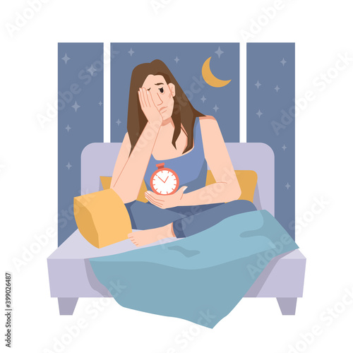 Woman having problems sleeping, personage sitting on bed with alarm trying to fall asleep. Insomnia and troubles to rest at night. Exhausted character full of anxiety and stress. Vector in flat style