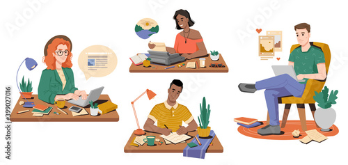 Man and woman journalists correspondence write articles on typewriter, laptop, piece of paper. Vector secretaries or freelancers on workplace, typing posts, cup of tea coffee, books and pens on table