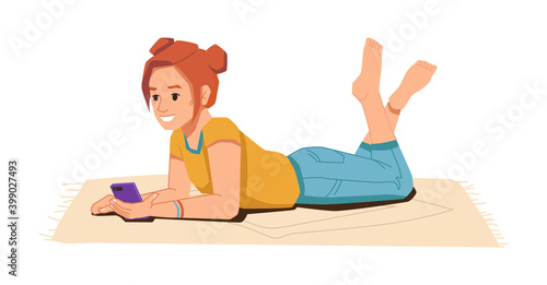 Happy teenager girl uses smartphone while lying on floor on carpet, flat cartoon character. Vector schoolgirl with mobile phone in hands, female pupil chatting, browsing or watching movies on gadget