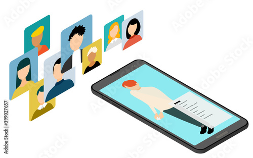アイソメトリック、スマホアプリを利用して人が繋がっているイメージイラスト