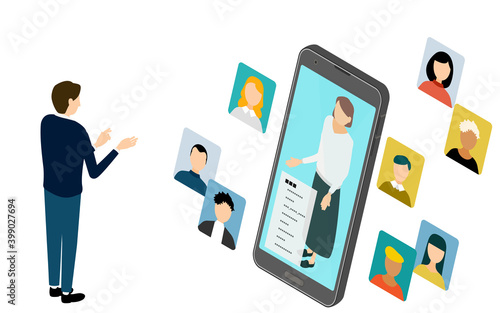 アイソメトリック、スマホアプリを利用して人が繋がっているイメージイラスト