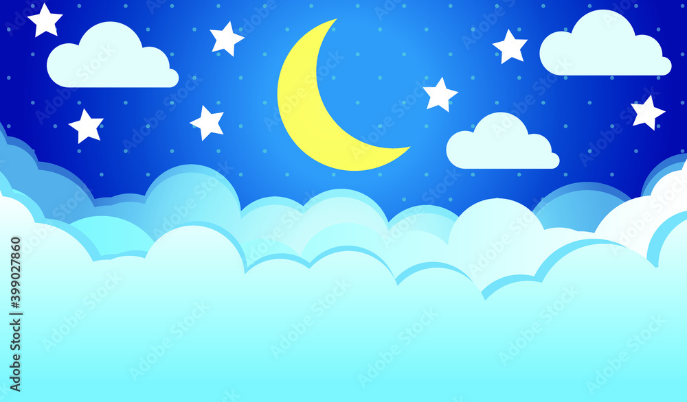 Vector night sky clouds. Moon and stars. Background design