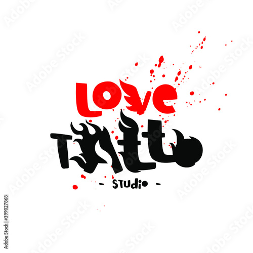 Lettering Tattoo Studio - Love Tattoos. Fiery font. Burning letters. Lettering. Hell fire. Vector illustration. Splashes, drops, splashes.