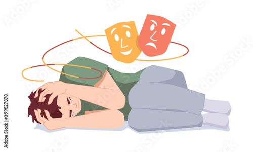 Emotional instability and personality disorder, mental health and problems of man. Psychotic male character with changing mood and state of mind. Phobia or depression of guy. Vector in flat style