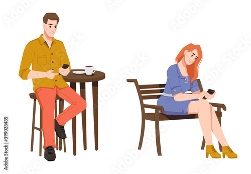 People use smartphone in public places, in park woman sitting on bench, man in cafe at table with cup of coffee. Vector adult male and female with mobile phones outdoors, chatting freelancers