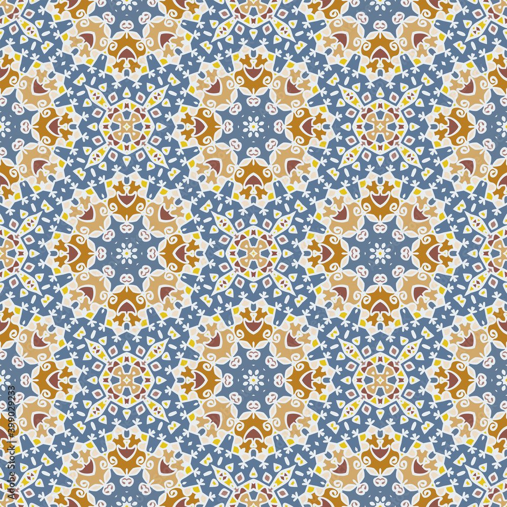 Bright creative trendy color abstract geometric  mandala pattern in blue yellow orange, vector seamless, can be used for printing onto fabric, interior, design, textile, pillow, carpet.