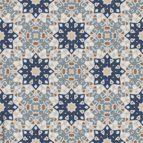 Bright creative trendy color abstract geometric mandala pattern in gray blue orange, vector seamless, can be used for printing onto fabric, interior, design, textile, pillow, carpet.