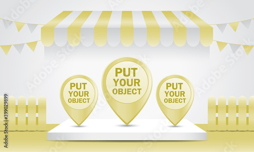 Display podium with striped awning and fence 3D illustration vector in white and gold color theme for putting your object.