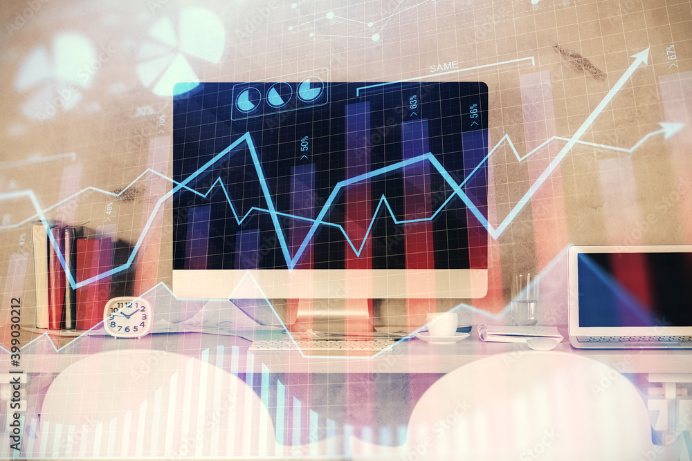 Multi exposure of stock market chart drawing and office interior background. Concept of financial analysis. Multi exposure of stock market chart drawing and office interior background. Concept of financial analysis.
