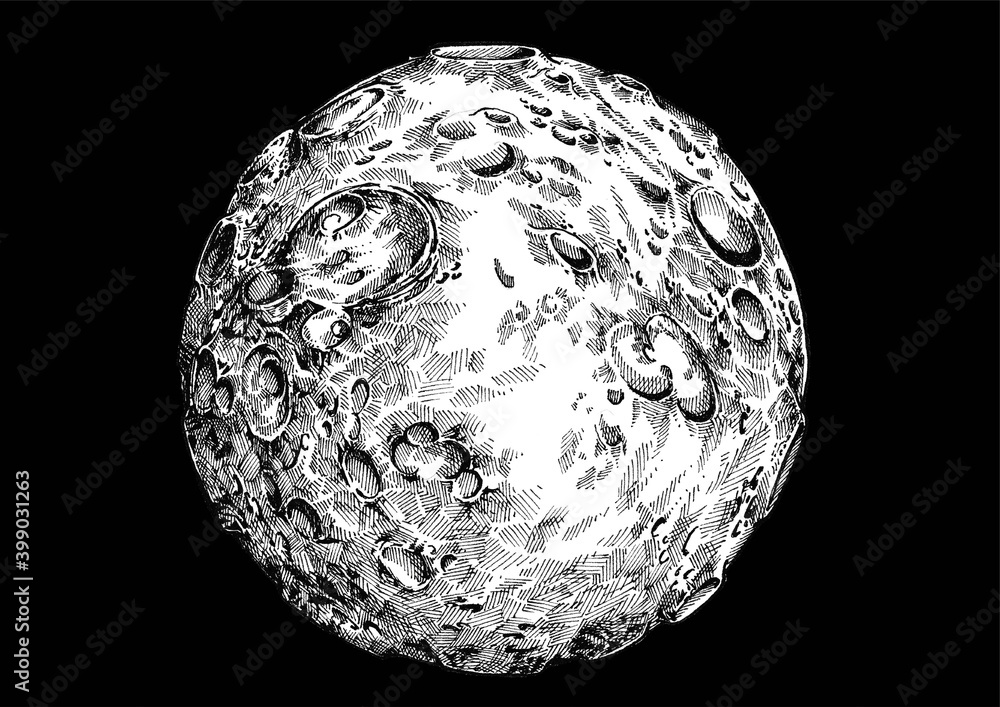 Fototapeta Ilustracja wektorowa pełni księżyca z kraterami. Na białym tle na czarnym tle.