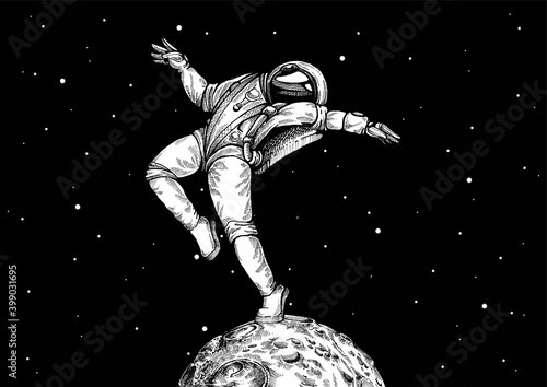 Flat design, Astronaut stand on the moon. Vector illustration. Print for t-shirt, poster, banner.