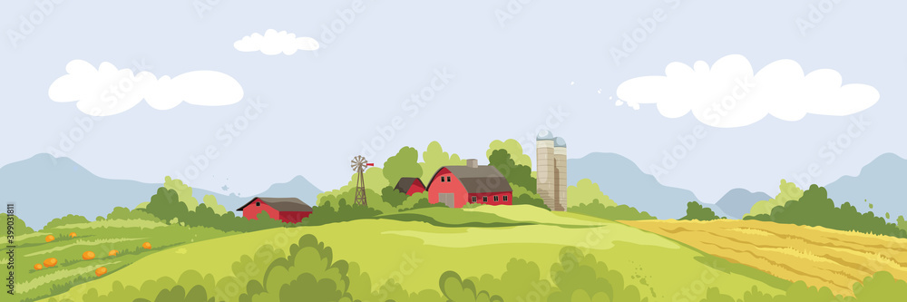 Abstract rural landscape with farm house. Vector illustration, wheat fields and meadows. Harvest time.	
