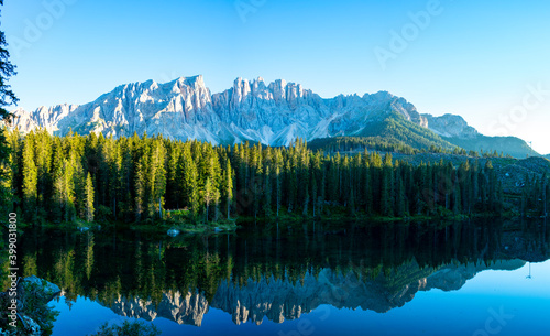 Italy, South Tyrol, Karersee - 5 September 2020 - Overview of the Karersee at sunset