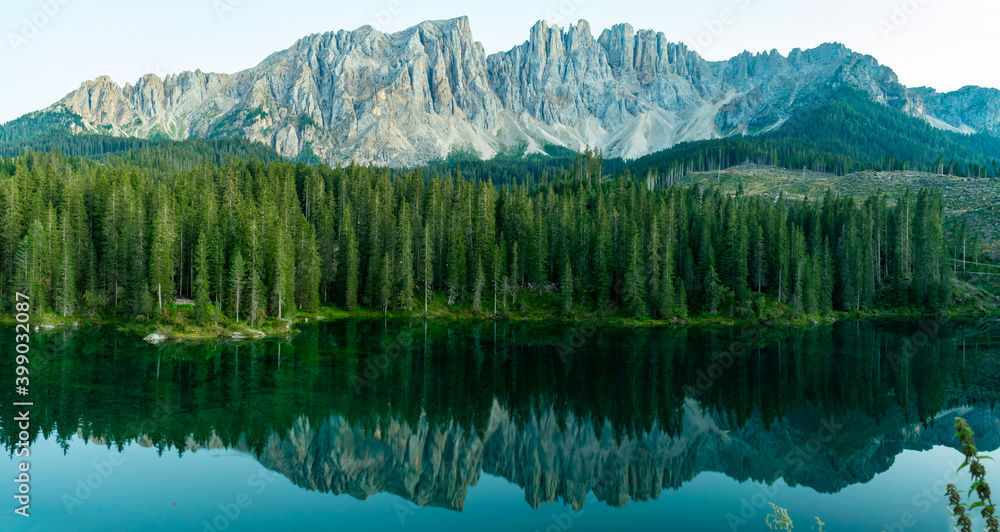 Italy, South Tyrol, Karersee - 5 September 2020 - Overview of the Karersee and the Latemar Italy, South Tyrol, Karersee - 5 September 2020 - Overview of the Karersee and the Latemar